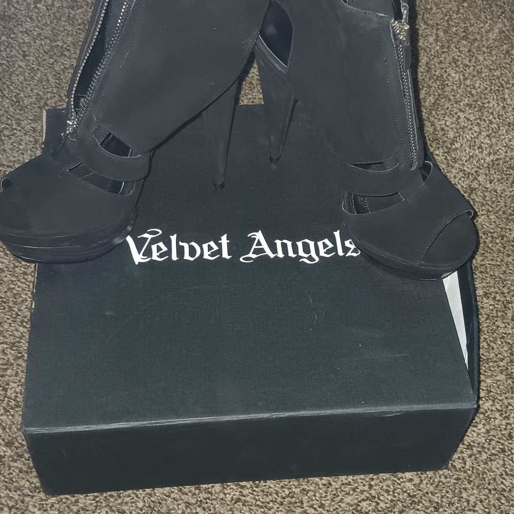 Velvet Angels Black Peep Toe Heels